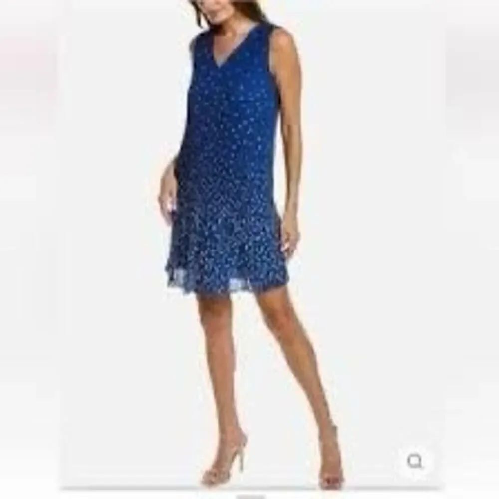 Nanette Lepore 8 Drop Waist Accordian Pleat Mini Dress Blue White Polka Dot Twee